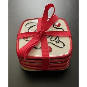 Fitz & Floyd Joyful Cheers Ceramic Christmas Drink Coaster Set Of 4‎ NEW